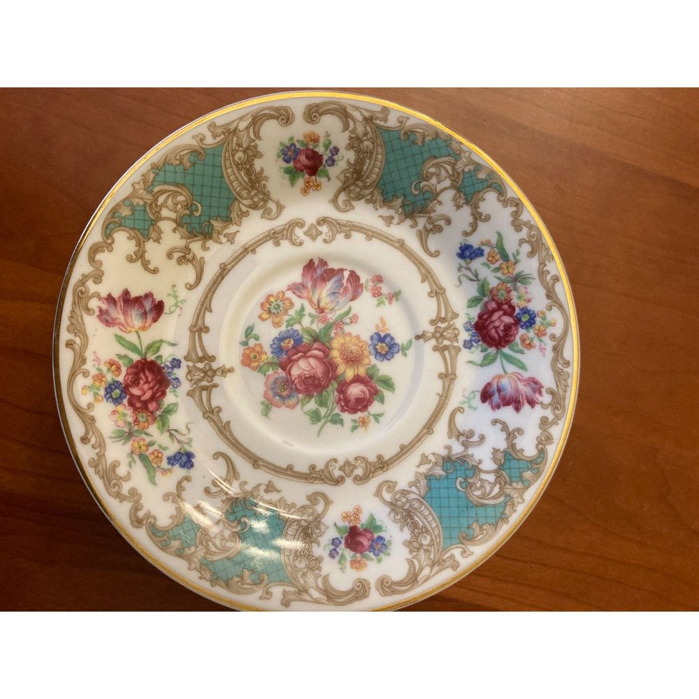 Saucer Syracuse Old Ivory-Romance Green gold rim saucer.  5 avail. Price for 1.